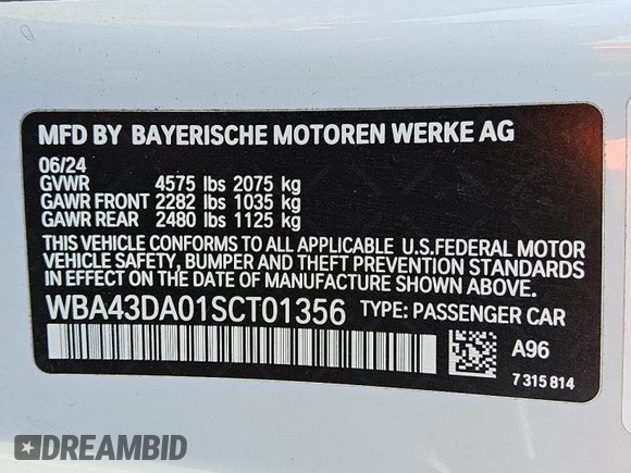 2025 BMW 4 Series 430i with VIN WBA43DA01SCT01356, listed as a Copart auction lot 53862335 with 17,451 mi miles and Clean title. Bid and sale history available at DreamBid. Image 12.