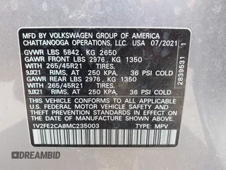 2021 Volkswagen Atlas SEL Premium R-Line with VIN 1V2FE2CA8MC235003, listed as a IAAI auction lot 42513449 with 44,466 mi miles and . Bid and sale history available at DreamBid. Image 9.