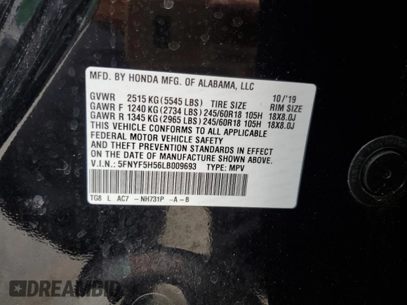 2020 Honda Pilot EX-L с VIN 5FNYF5H56LB009693, выставлен на аукционе Copart как лот 55304385 с пробегом 82 790 миль миль и Списание • Salvage title. История ставок и продаж доступна на DreamBid. Изображение 14.