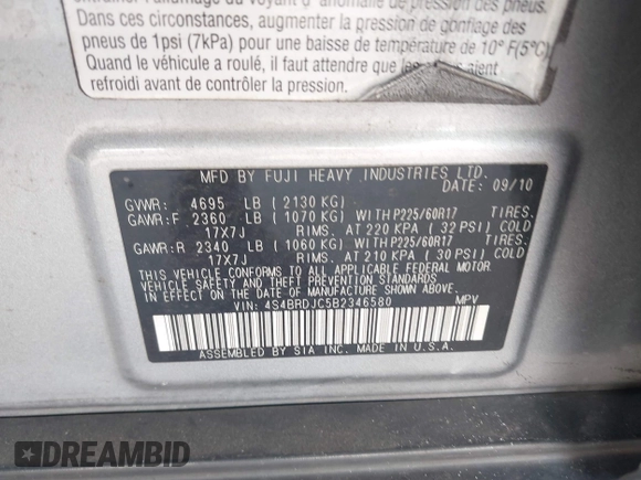 2011 Subaru Outback Limited с VIN 4S4BRDJC5B2346580, выставлен на аукционе IAAI как лот 42398938 с пробегом 220 421 миль миль и . История ставок и продаж доступна на DreamBid. Изображение 9.