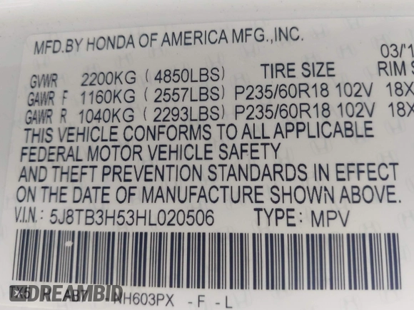 2017 Acura RDX w/Technology Pkg with VIN 5J8TB3H53HL020506, listed as a IAAI auction lot 41908609 with 133,567 mi miles. Bid and sale history available at carsss.com. Image 9.