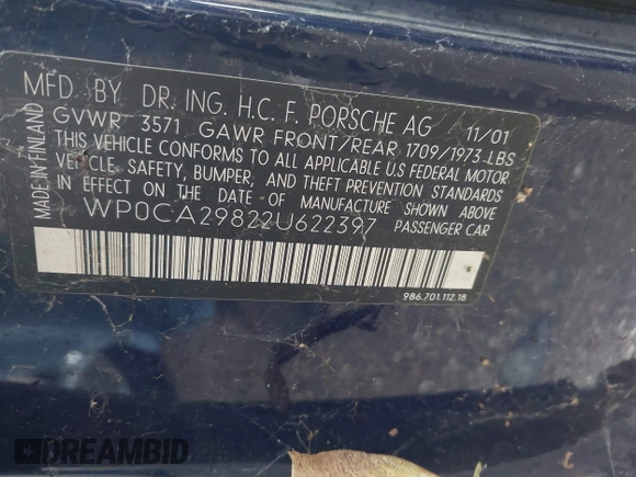 2002 Porsche Boxster with VIN WP0CA29822U622397, listed as a IAAI auction lot 42368183 with 189,696 mi miles and . Bid and sale history available at DreamBid. Image 9.