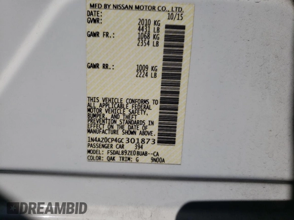 2016 Nissan LEAF S with VIN 1N4AZ0CP4GC301873, listed as a Copart auction lot 63810823 with 47,794 mi miles. Bid and sale history available at carsss.com. Image 13.
