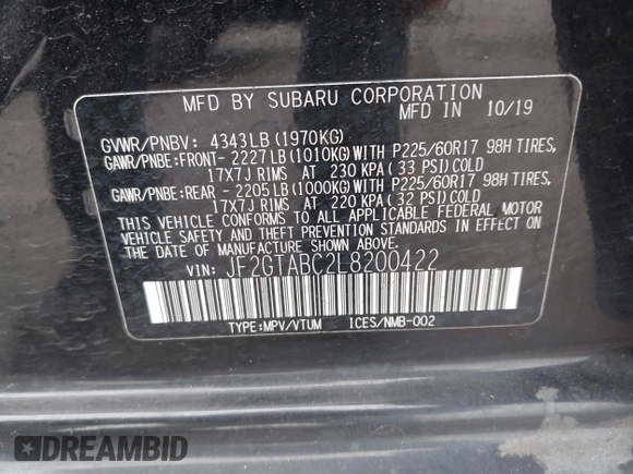 2020 Subaru Crosstrek z VIN JF2GTABC2L8200422, wystawiony jako IAAI lot #42475059 z przebiegiem 112 876 mil mil oraz . Historia ofert i sprzedaży dostępna na DreamBid. Obrazek 9.