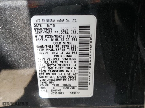2011 Nissan Murano SV with VIN JN8AZ1MW4BW152401, listed as a Copart auction lot 49288145 with 128,021 mi miles and Salvage Title. Bid and sale history available at carsss.com. Image 15.