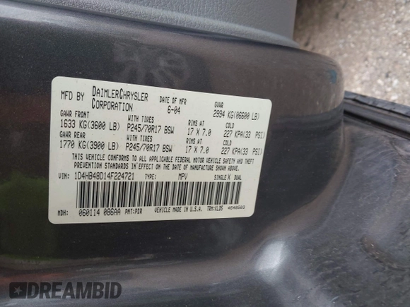 2004 Dodge Durango SLT z VIN 1D4HB48D14F224721, wystawiony jako IAAI lot #41568451 z przebiegiem 191 006 mil mil oraz . Historia ofert i sprzedaży dostępna na DreamBid. Obrazek 9.