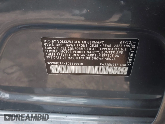 2013 Volkswagen CC Executive z VIN WVWGU7AN8DE520610, wystawiony jako IAAI lot #42278719 z przebiegiem 197 905 mil mil oraz . Historia ofert i sprzedaży dostępna na DreamBid. Obrazek 9.