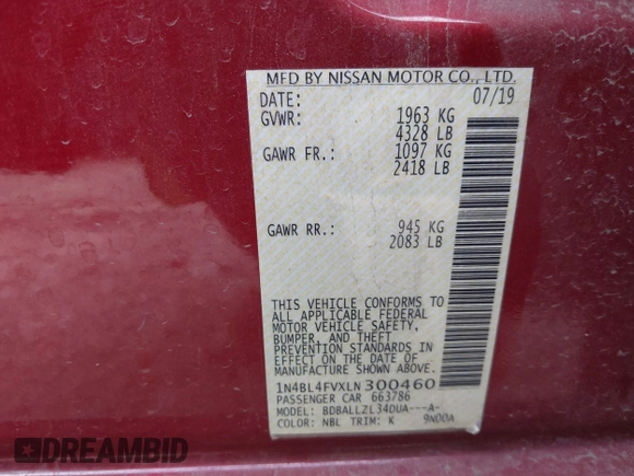 2020 Nissan Altima Platinum with VIN 1N4BL4FVXLN300460, listed as a IAAI auction lot 41606829 with 73,456 mi miles and . Bid and sale history available at carsss.com. Image 9.