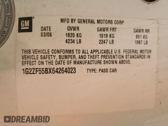 2006 Pontiac G6 1SV with VIN 1G2ZF55BX64264023, listed as a Copart auction lot 57665925 with 136,134 mi miles and Salvage title. Bid and sale history available at DreamBid. Image 12.
