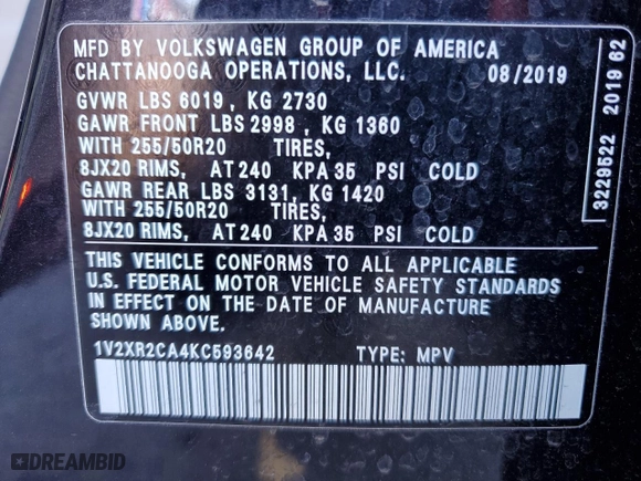 2019 Volkswagen Atlas 3.6L V6 SE w/Technology R-Line with VIN 1V2XR2CA4KC593642, listed as a Copart auction lot 45690315 with 56,454 mi miles and Salvage Title. Bid and sale history available at carsss.com. Image 13.