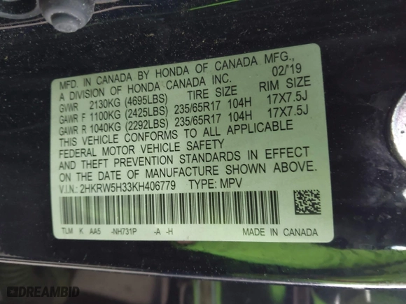 2019 Honda CR-V LX with VIN 2HKRW5H33KH406779, listed as a IAAI auction lot 41953202 with 73,039 mi miles. Bid and sale history available at carsss.com. Image 9.