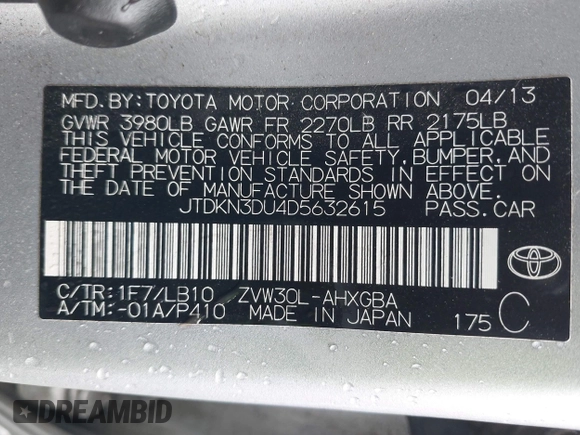 2013 Toyota Prius One with VIN JTDKN3DU4D5632615, listed as a IAAI auction lot 41891185 with 93,945 mi miles. Bid and sale history available at carsss.com. Image 9.