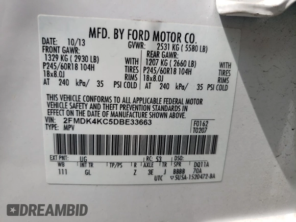 2013 Ford Edge Limited z VIN 2FMDK4KC5DBE33663, wystawiony jako Copart lot #55933785 z przebiegiem 131 613 mil mil oraz Szkody całkowita. Historia ofert i sprzedaży dostępna na DreamBid. Obrazek 13.