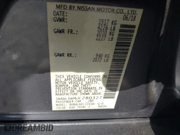 2018 Nissan Altima 2.5 SR with VIN 1N4AL3AP6JC280327, listed as a IAAI auction lot 41962816 with 102,444 mi miles. Bid and sale history available at carsss.com. Image 9.