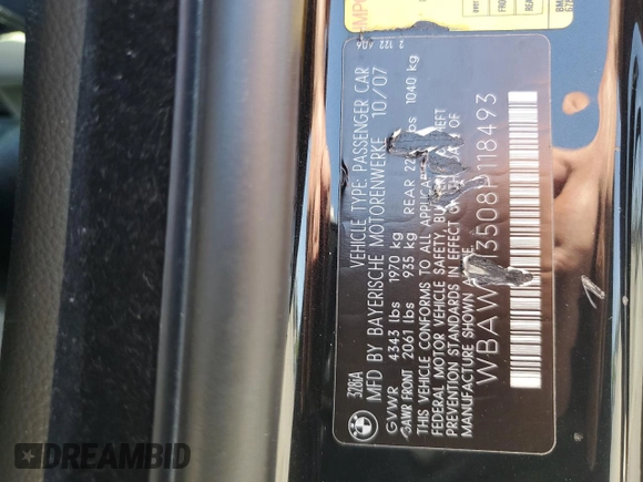 2008 BMW 3 Series 328i with VIN WBAWV13508P118493, listed as a Copart auction lot 57826135 with 140,222 mi miles and Salvage title. Bid and sale history available at DreamBid. Image 12.
