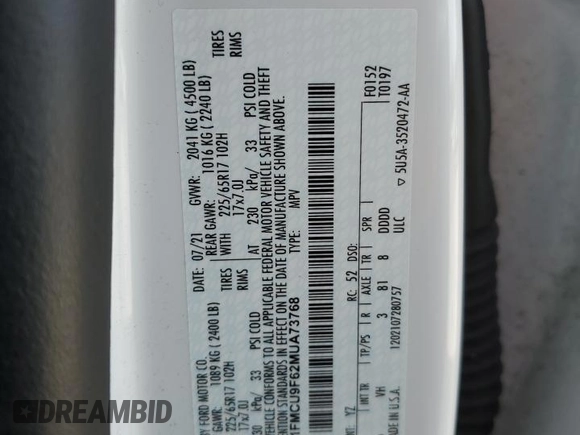 2021 Ford Escape S with VIN 1FMCU9F62MUA73768, listed as a Copart auction lot 45356855 with 154,278 mi miles and Clean Title. Bid and sale history available at DreamBid. Image 13.