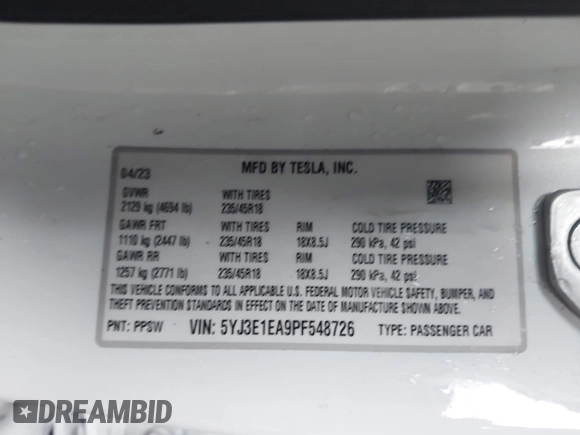 2023 Tesla Model 3 with VIN 5YJ3E1EA9PF548726, listed as a IAAI auction lot 42345157 with 30,647 mi miles and . Bid and sale history available at DreamBid. Image 9.