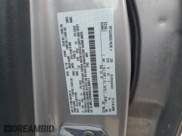 2019 Lincoln MKC Reserve with VIN 5LMCJ3D90KUL50611, listed as a Copart auction lot 62280275 with 48,835 mi miles and Clean title. Bid and sale history available at DreamBid. Image 13.
