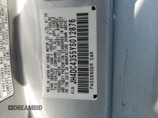 2000 Acura Integra LS z VIN JH4DC4355YS012876, wystawiony jako Copart lot #71853354 z przebiegiem 225 927 mil mil oraz Szkoda całkowita • Salvage title. Historia ofert i sprzedaży dostępna na DreamBid. Obrazek 12.