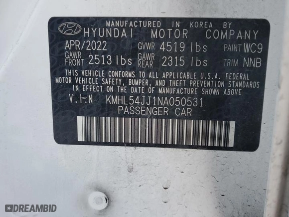 2022 Hyundai Sonata Hybrid Limited with VIN KMHL54JJ1NA050531, listed as a Copart auction lot 43059305 with 37,151 mi miles and Salvage Title. Bid and sale history available at carsss.com. Image 13.