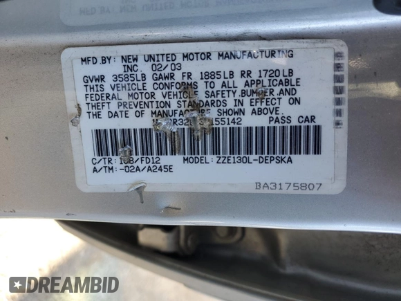 2003 Toyota Corolla CE with VIN 1NXBR32E13Z155142, listed as a Copart auction lot 79714184 with 299,999 mi miles and Salvage Title. Bid and sale history available at DreamBid. Image 13.
