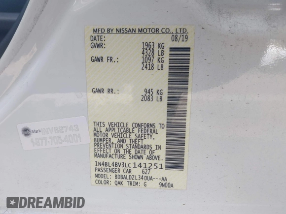 2020 Nissan Altima 2.5 S with VIN 1N4BL4BV3LC141251, listed as a IAAI auction lot 41922056 with 43,170 mi miles. Bid and sale history available at carsss.com. Image 9.