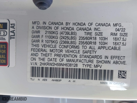2022 Honda CR-V EX with VIN 2HKRW2H59NH638128, listed as a IAAI auction lot 41405490 with 28,420 mi miles. Bid and sale history available at carsss.com. Image 9.