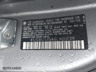 2006 BMW Z4 3.0si with VIN 4USBU53546LX01739, listed as a IAAI auction lot 41531608 with 79,376 mi miles. Bid and sale history available at carsss.com. Image 9.