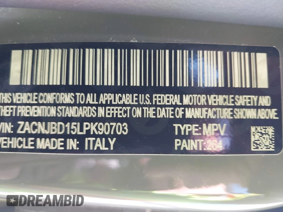 2020 Jeep Renegade Limited with VIN ZACNJBD15LPK90703, listed as a IAAI auction lot 42023043 with 72,988 mi miles and . Bid and sale history available at DreamBid. Image 9.