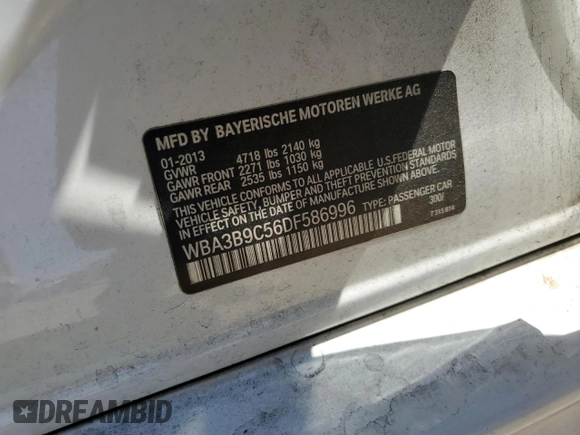2013 BMW 3 Series 335i xDrive with VIN WBA3B9C56DF586996, listed as a Copart auction lot 58871035 with 139,153 mi miles and Salvage title. Bid and sale history available at DreamBid. Image 12.