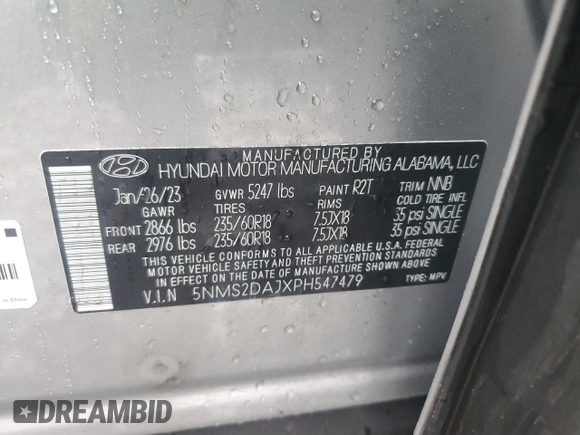 2023 Hyundai Santa Fe SEL with VIN 5NMS2DAJXPH547479, listed as a Copart auction lot 50377855 with 14,670 mi miles and Salvage Title. Bid and sale history available at DreamBid. Image 15.