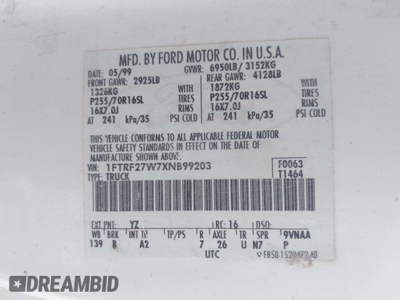 1999 Ford F-250 with VIN 1FTRF27W7XNB99203, listed as a IAAI auction lot 42074482 with 179,126 mi miles and . Bid and sale history available at DreamBid. Image 9.