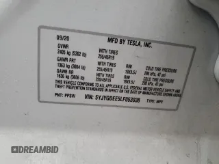 2020 Tesla Model Y Long Range with VIN 5YJYGDEE5LF053938, listed as a Copart auction lot 43381985 with 69,291 mi miles and Salvage Title. Bid and sale history available at DreamBid. Image 15.