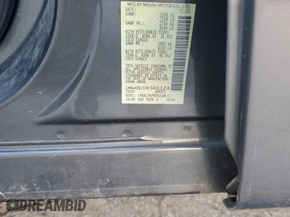 2015 Nissan Titan SV with VIN 1N6AA0EC5FN501124, listed as a Copart auction lot 87291164 with 195,448 mi miles and Salvage title. Bid and sale history available at DreamBid. Image 14.