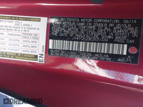 2014 Lexus IS 250 C with VIN JTHFF2C23E2531334, listed as a IAAI auction lot 42118330 with 61,977 mi miles and . Bid and sale history available at DreamBid. Image 9.