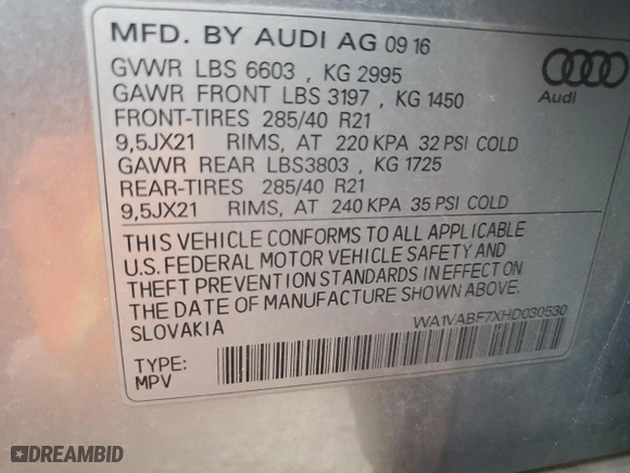 2017 Audi Q7 Prestige with VIN WA1VABF7XHD030530, listed as a Copart auction lot 43613665 with 0 miles and Salvage Title. Bid and sale history available at carsss.com. Image 12.