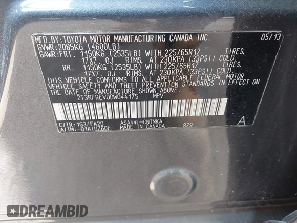 2013 Toyota RAV4 XLE with VIN 2T3RFREV0DW044175, listed as a IAAI auction lot 41708819 with 106,117 mi miles and . Bid and sale history available at carsss.com. Image 9.