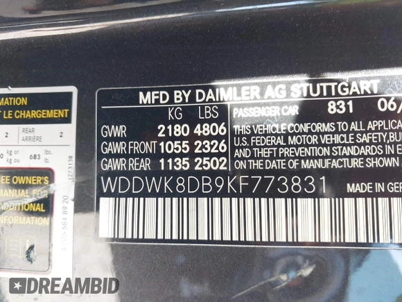 2019 Mercedes-Benz C 300 with VIN WDDWK8DB9KF773831, listed as a IAAI auction lot 41923479 with 37,124 mi miles and . Bid and sale history available at DreamBid. Image 9.