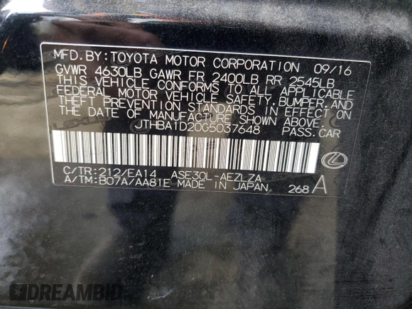 2016 Lexus IS 200t with VIN JTHBA1D20G5037648, listed as a Copart auction lot 59550705 with 123,934 mi miles and Clean title. Bid and sale history available at DreamBid. Image 12.