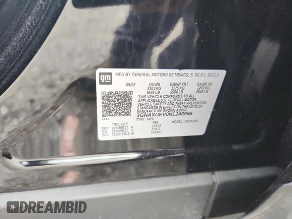 2022 Chevrolet Equinox LT with VIN 3GNAXUEV0NL240968, listed as a Copart auction lot 58982045 with 62,637 mi miles and Salvage title. Bid and sale history available at DreamBid. Image 13.