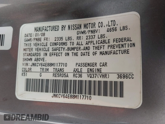 2008 Infiniti G37 Coupe Journey with VIN JNKCV64E88M117710, listed as a IAAI auction lot 41723422 with 199,388 mi miles. Bid and sale history available at carsss.com. Image 9.