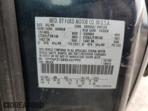 1999 Ford F-250 with VIN 1FTNF21S8XEA67992, listed as a Copart auction lot 44249795 with 157,528 mi miles and Salvage title. Bid and sale history available at DreamBid. Image 12.