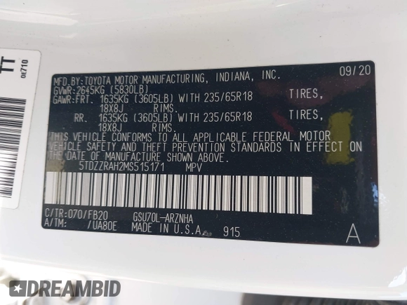2021 Toyota Highlander L with VIN 5TDZZRAH2MS515171, listed as a IAAI auction lot 41976426 with 63,339 mi miles and . Bid and sale history available at DreamBid. Image 9.