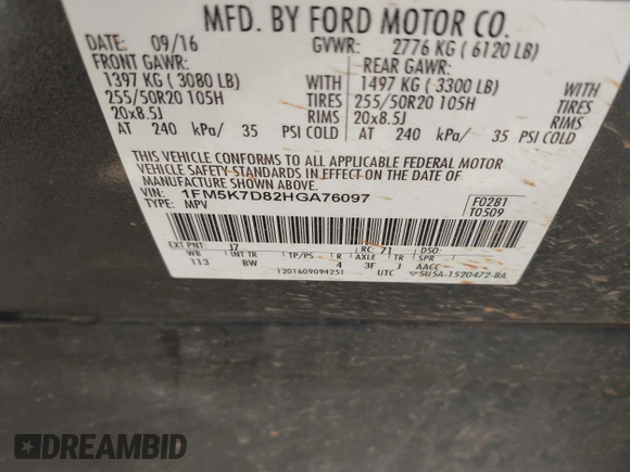 2017 Ford Explorer XLT with VIN 1FM5K7D82HGA76097, listed as a IAAI auction lot 42242169 with Not provided miles and . Bid and sale history available at DreamBid. Image 9.