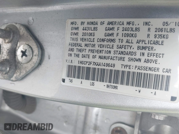2010 Honda Accord EX with VIN 1HGCP2F7XAA149649, listed as a IAAI auction lot 42738128 with 196,975 mi miles and . Bid and sale history available at DreamBid. Image 9.