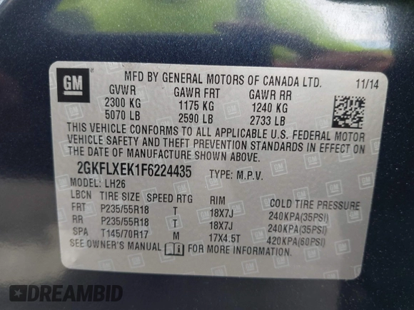 2015 GMC Terrain SLT with VIN 2GKFLXEK1F6224435, listed as a IAAI auction lot 42184380 with 182,943 mi miles and . Bid and sale history available at carsss.com. Image 9.