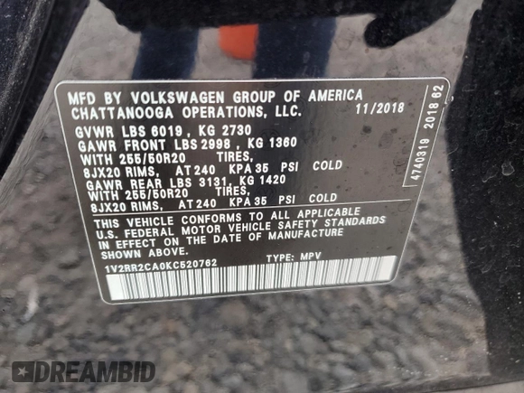 2019 Volkswagen Atlas SEL R-Line с VIN 1V2RR2CA0KC520762, выставлен на аукционе Copart как лот 56938535 с пробегом 44 780 миль миль и Списание • Salvage title. История ставок и продаж доступна на DreamBid. Изображение 13.