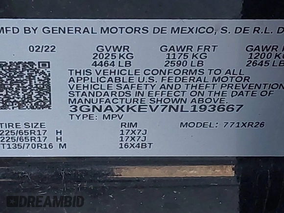 2022 Chevrolet Equinox LT with VIN 3GNAXKEV7NL193667, listed as a IAAI auction lot 41675785 with 68,515 mi miles and . Bid and sale history available at DreamBid. Image 9.