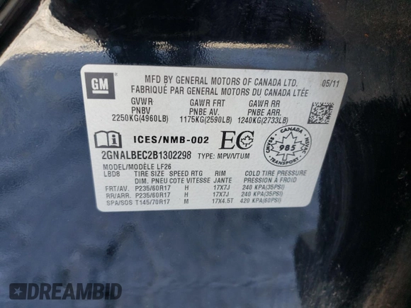 2011 Chevrolet Equinox LS with VIN 2GNALBEC2B1302298, listed as a Copart auction lot 52016725 with 182,934 mi miles and Clean Title. Bid and sale history available at DreamBid. Image 13.