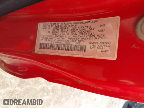 2002 Toyota Tacoma PreRunner с VIN 5TESM92N92Z130226, выставлен на аукционе IAAI как лот 42650412 с пробегом 195 042 миль миль и . История ставок и продаж доступна на DreamBid. Изображение 9.